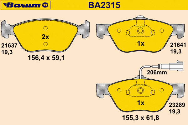 Комплект тормозных колодок, дисковый тормоз BA2315