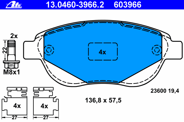 Комплект тормозных колодок, дисковый тормоз 13.0460-3966.2
