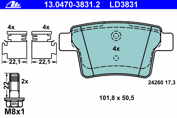 Комплект тормозных колодок, дисковый тормоз 13.0470-3831.2