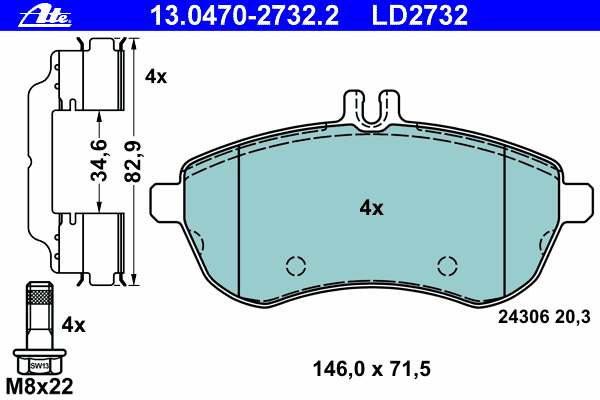 Комплект тормозных колодок, дисковый тормоз 13.0470-2732.2
