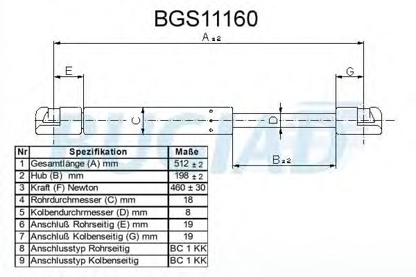 Muelle neumático, maletero/compartimento de carga BGS11160